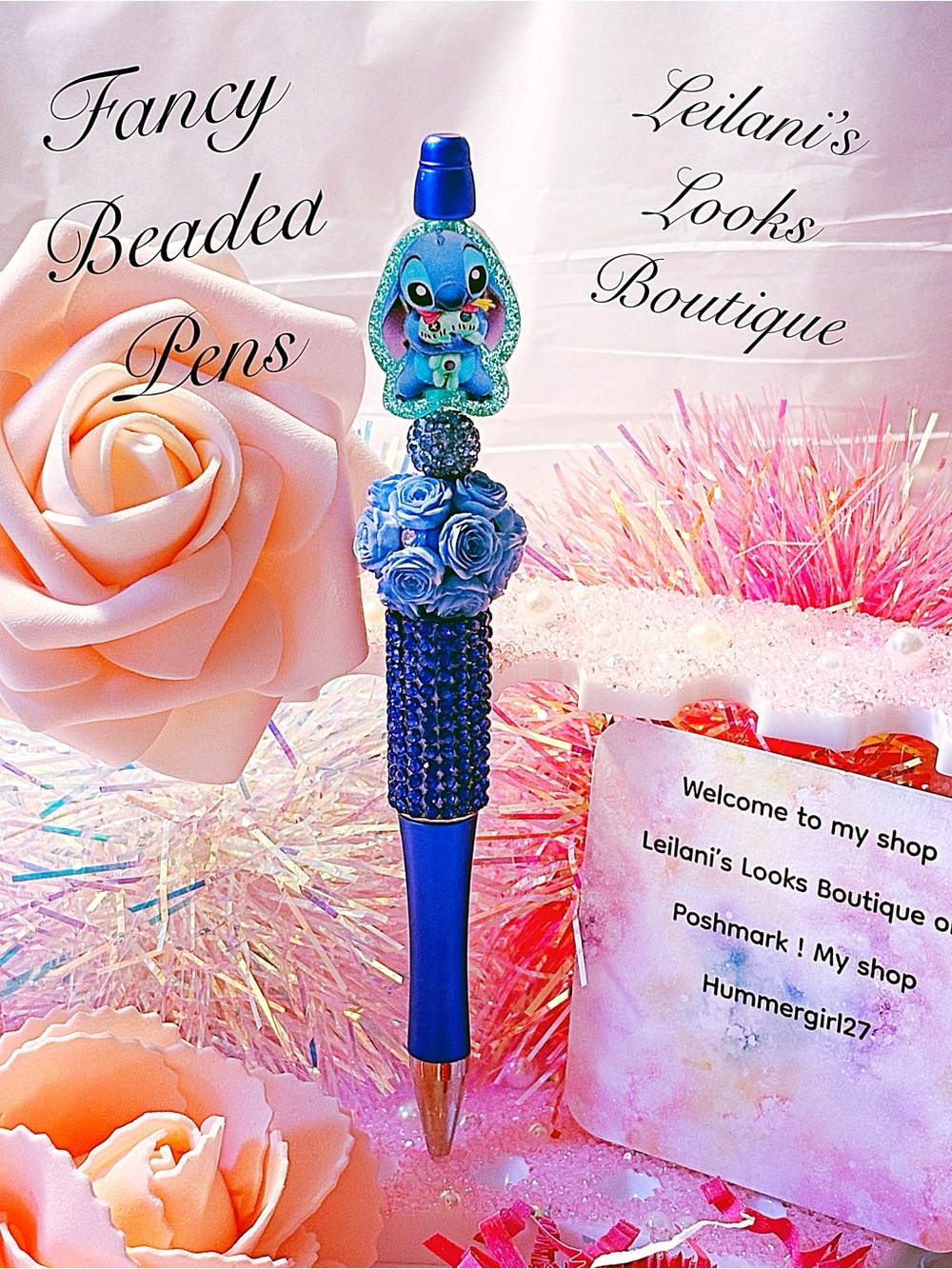 Fancy beaded Pen/gifts/stitch/blue flowers/